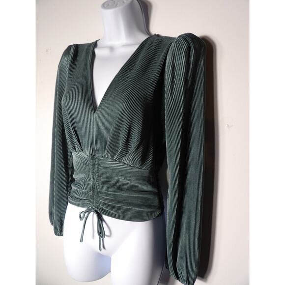 ASTR The Label Blouse XS Smocked Crop Career Accordian Pleated Green Slate V - Picture 10 of 11